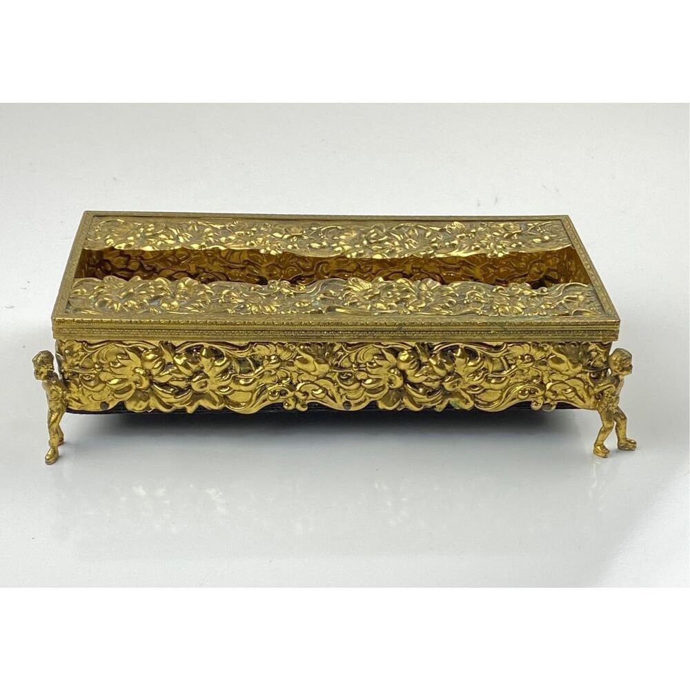 Vtg Cherub Angel Footed Tissue Box Vanity Patina Ormolu Flowers Baroque Rococo E